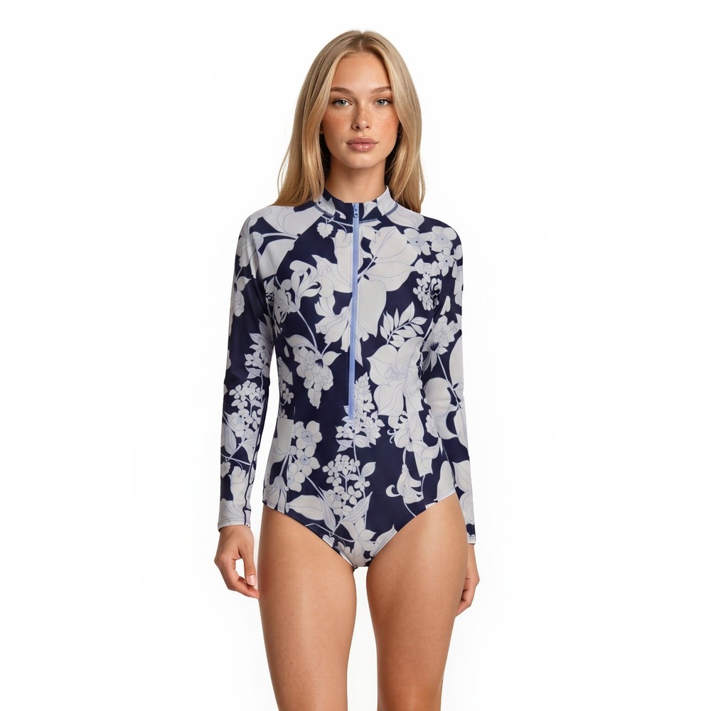 Lands' End Rash Guard Swimsuit Women's Size 18W Blue Floral Long Sleeve Half Zip